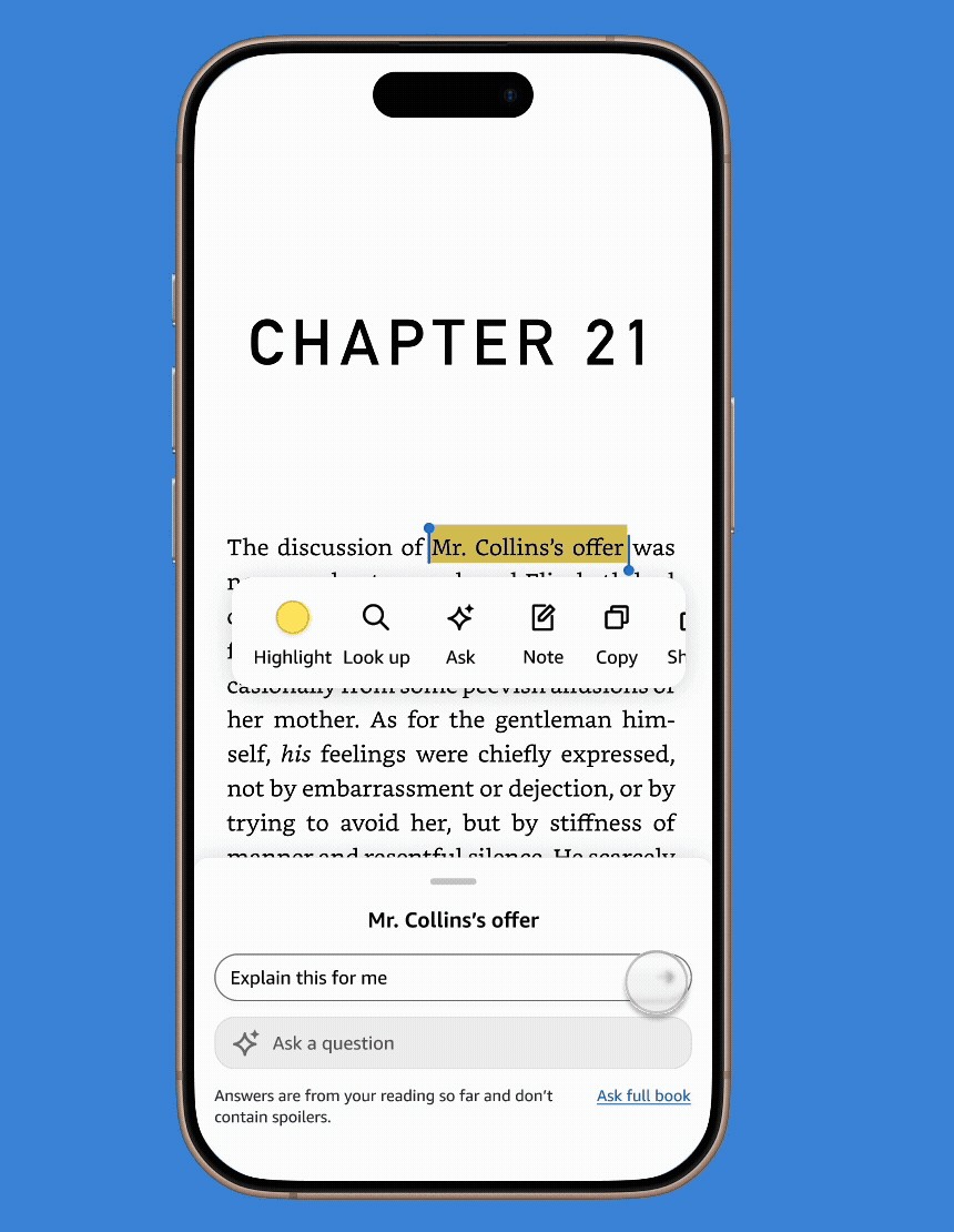 Teks disorot di Kindle app iPhone, muncul menu Ask dan kotak Explain this for me