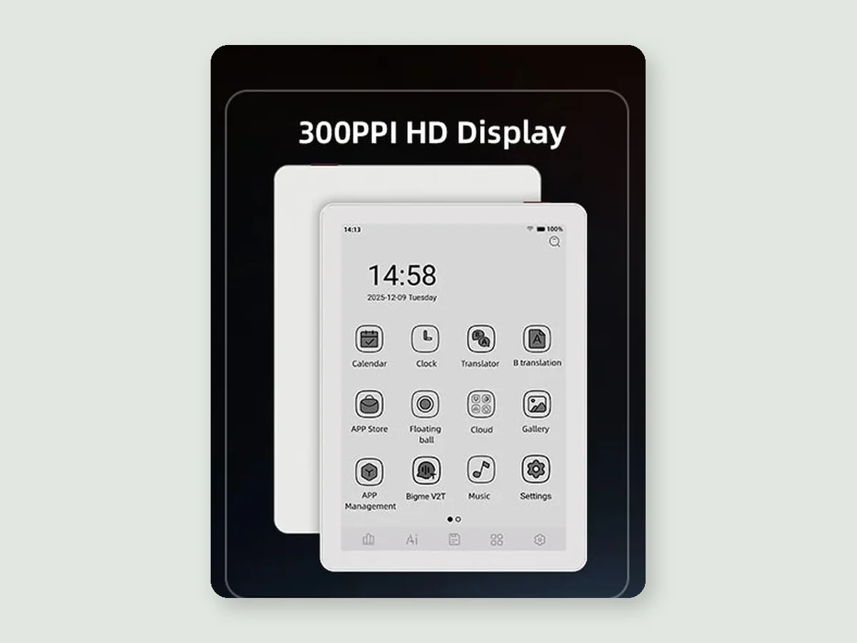 Infografis Bigme B6 BW dengan layar beranda Android