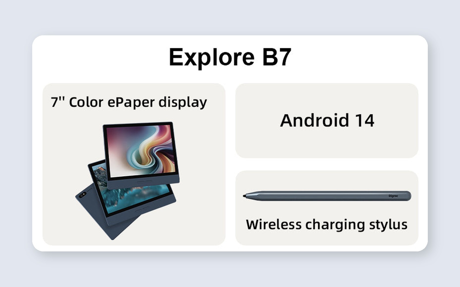 Infografis resmi Bigme B7: layar ePaper warna 7 inci, Android 14, stylus