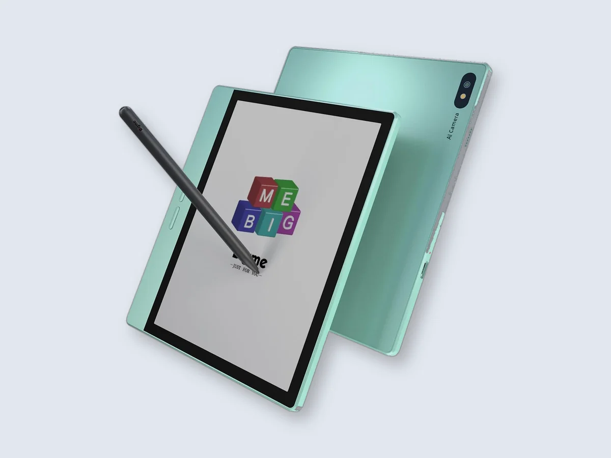 Bigme B7 Lite hijau tampak depan dan belakang dengan stylus