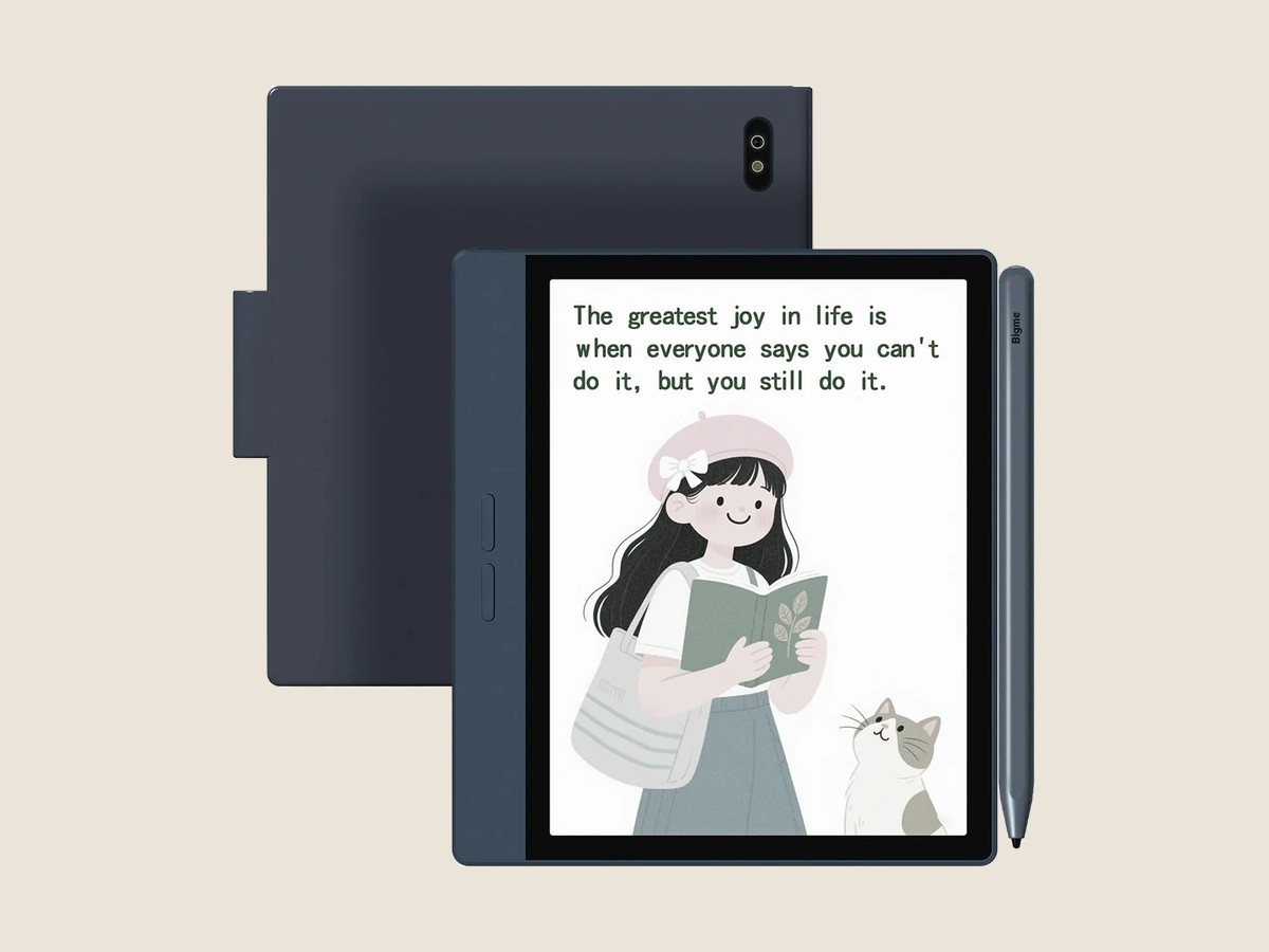 Bigme B7 biru tua dengan stylus, layar menampilkan ilustrasi anak membaca