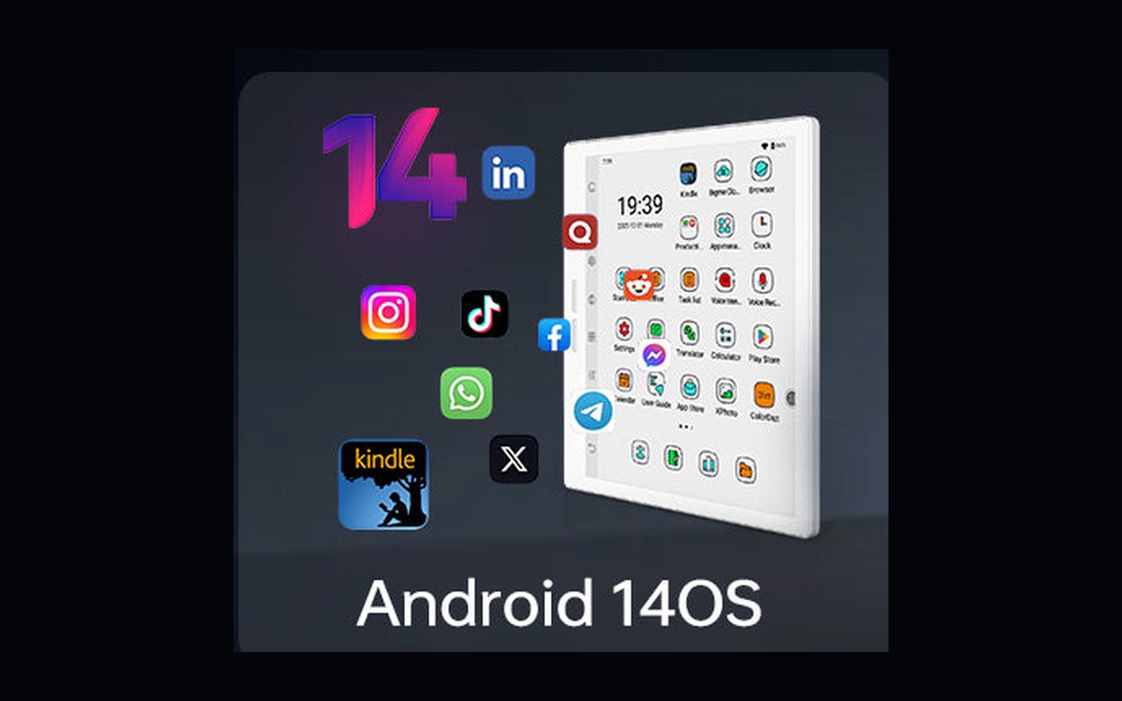 Infografis Android 14 Bigme B751C S dengan ikon aplikasi Kindle