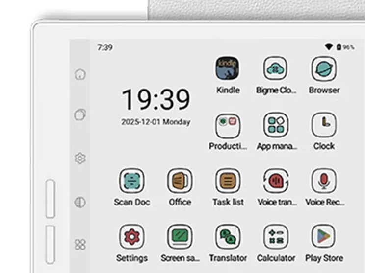 Layar beranda Bigme B751C S dengan ikon Kindle dan Play Store