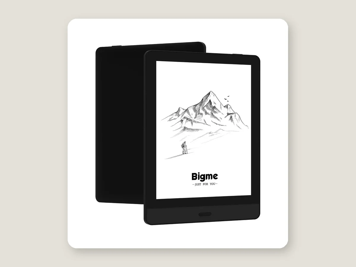 Bigme Read hitam tampak depan dan belakang, layar menampilkan ilustrasi gunung