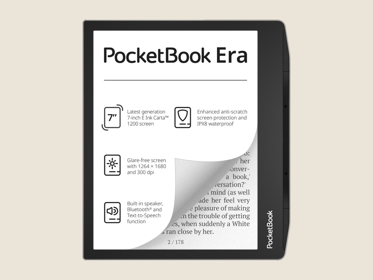 PocketBook Era tampak depan dengan infografis speaker bawaan, Bluetooth, dan text-to-speech