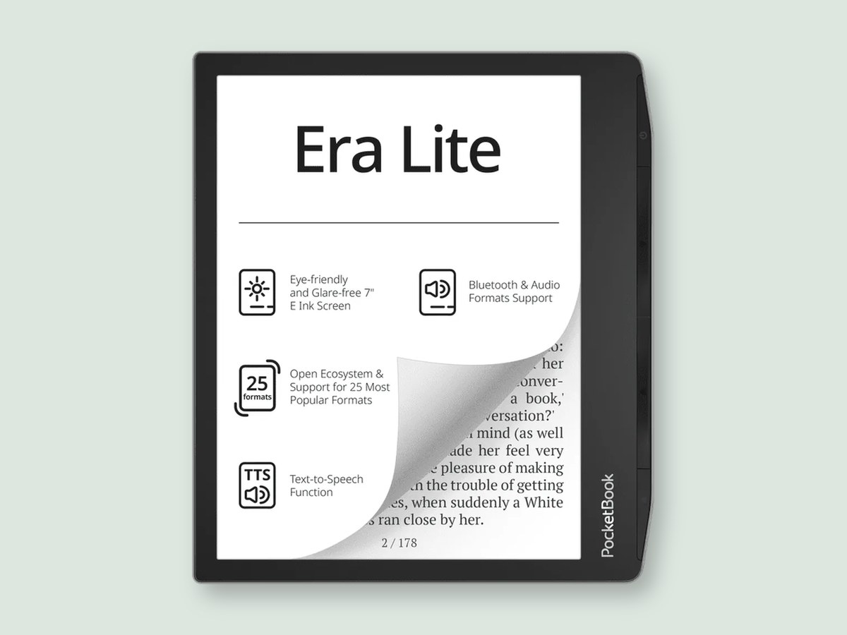 PocketBook Era Lite tampak depan dengan layar daftar fitur