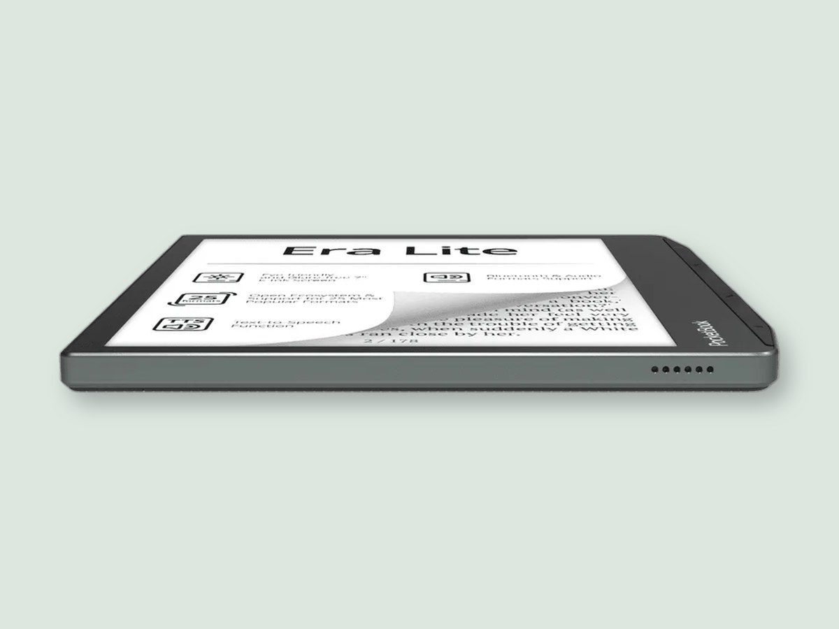 PocketBook Era Lite dilihat dari samping, layar 7 inci menampilkan daftar fitur