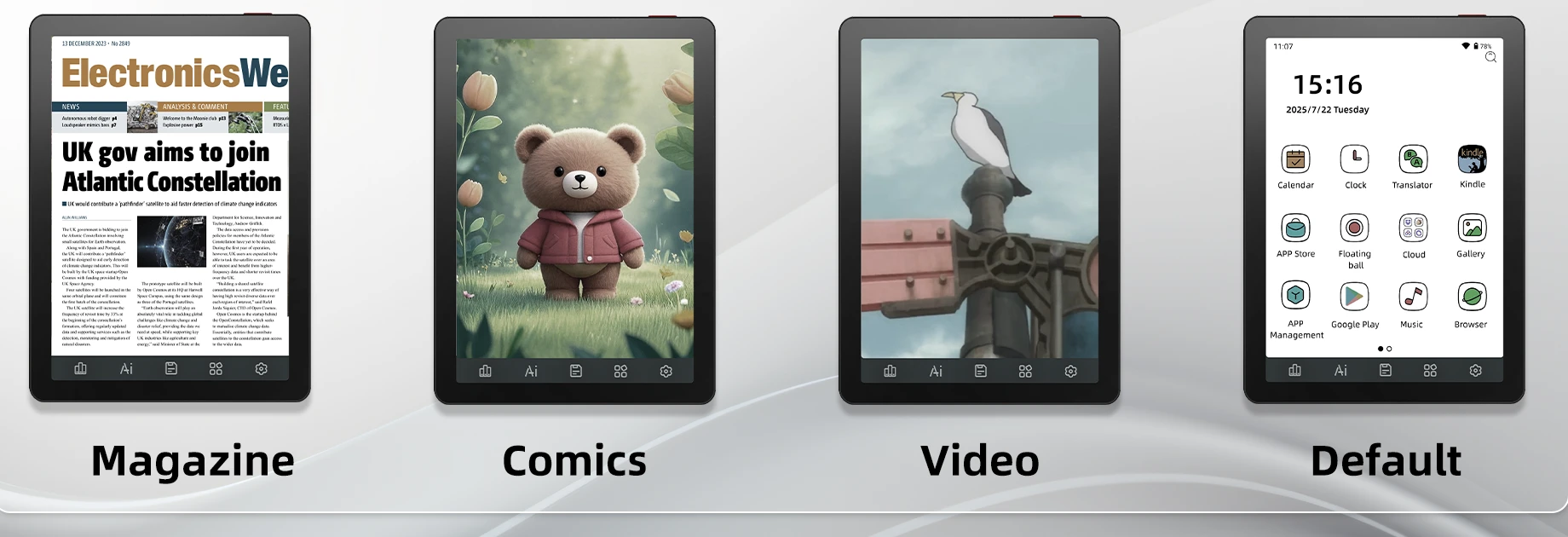 Infografis resmi Bigme: empat mode refresh Bigme B6 Color, yaitu Magazine, Comics, Video, dan Default