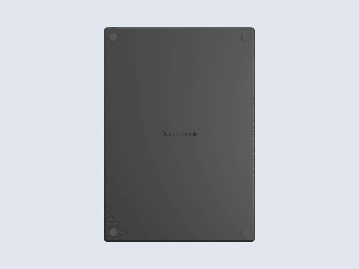 PocketBook InkPad One tampak belakang, bodi abu-abu gelap dengan logo PocketBook