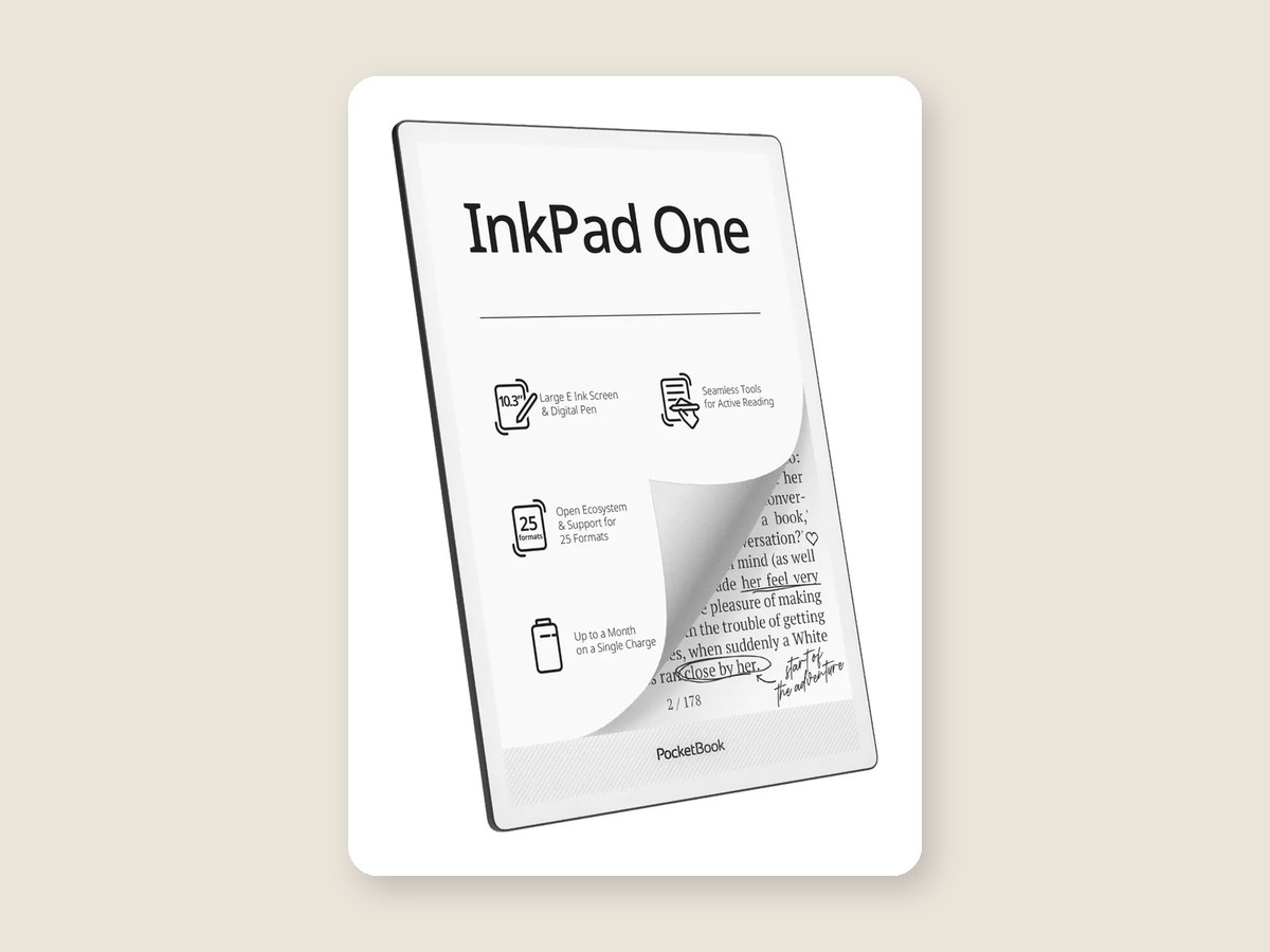 PocketBook InkPad One berdiri tegak, gambar promosi dengan layar 10,3 inci