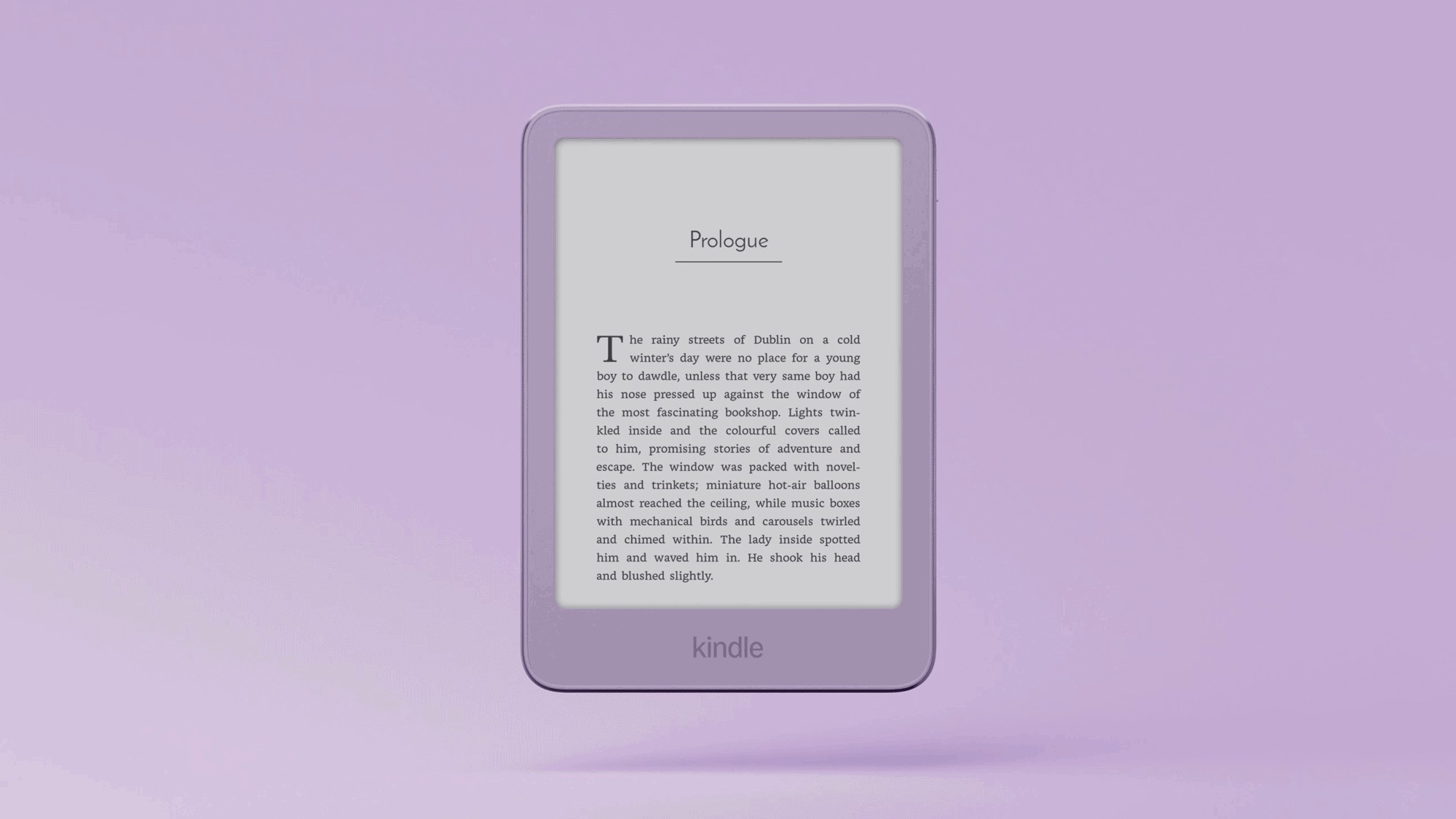 Kindle warna ungu muda menampilkan halaman prolog