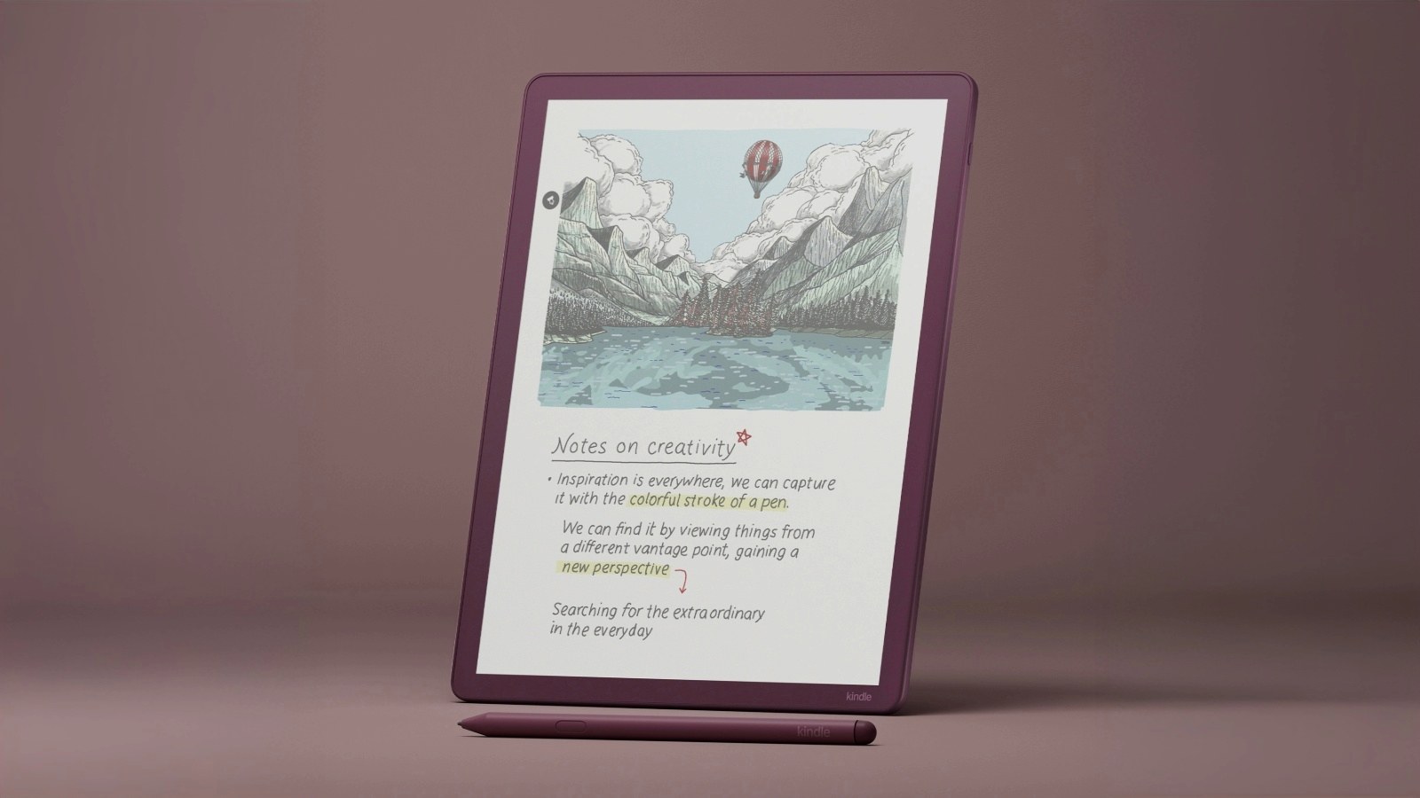 Kindle Scribe Colorsoft dengan sketsa berwarna dan catatan tulisan tangan