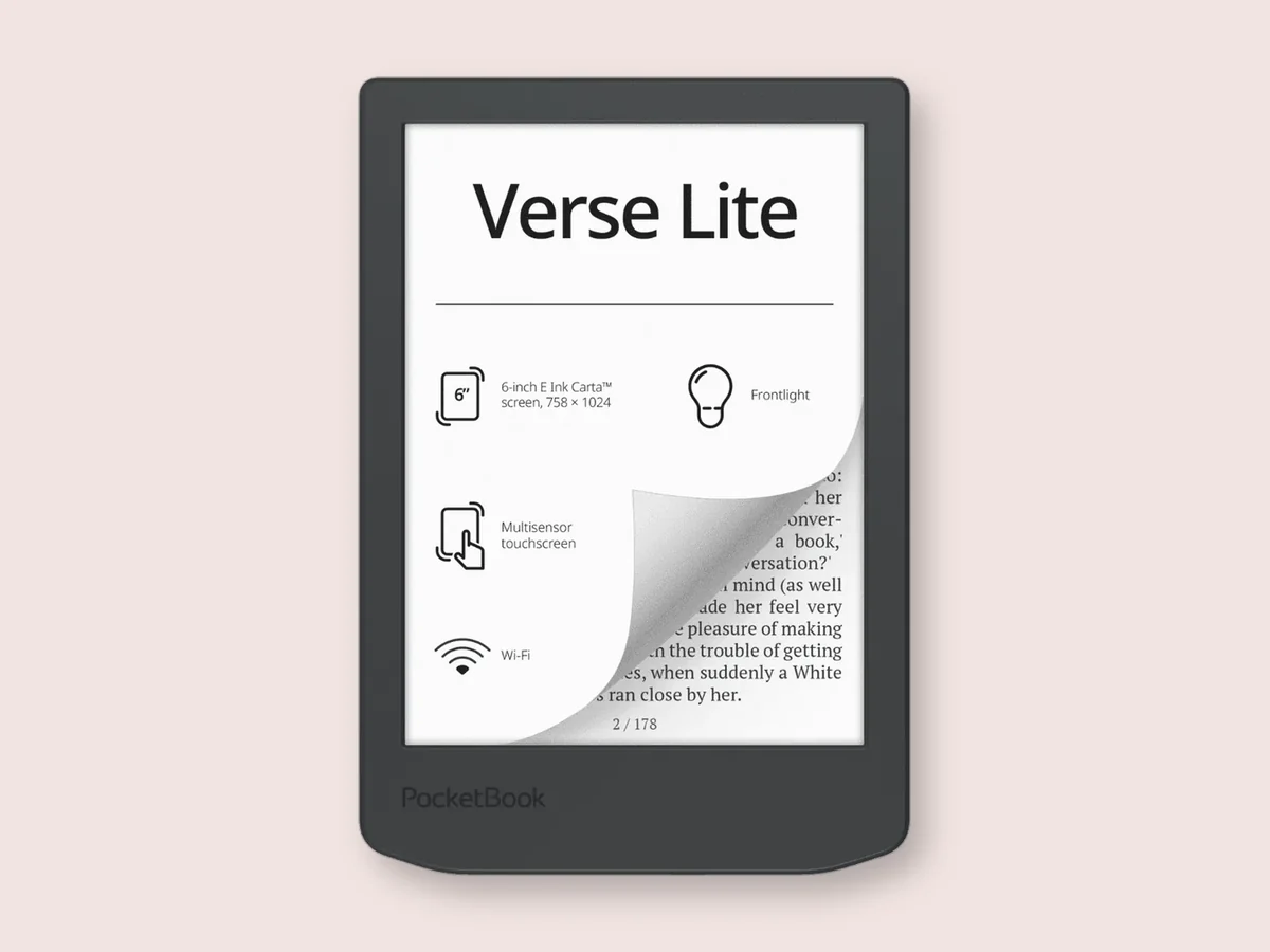 PocketBook Verse Lite tampak depan menampilkan layar menu dan halaman buku